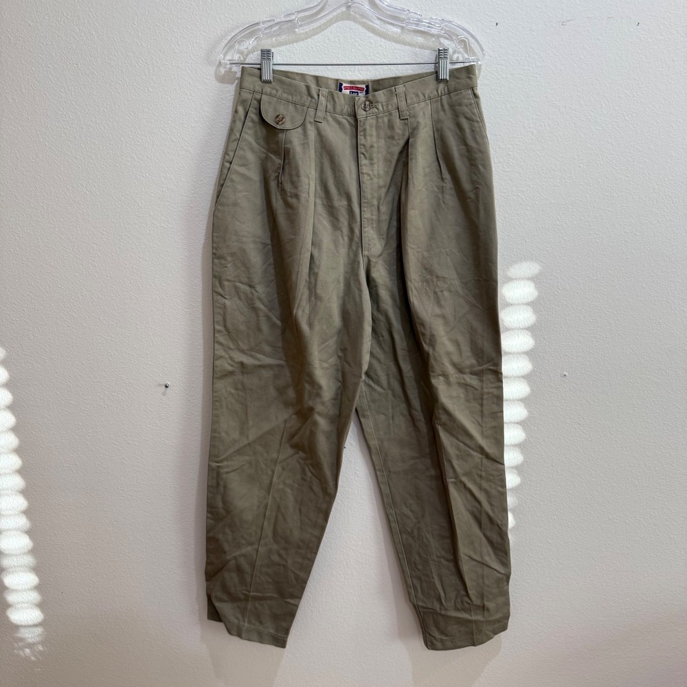 Vintage Lee Khaki Pleated High Waisted Tapered Trousers Tan Cotton Size 14 Med